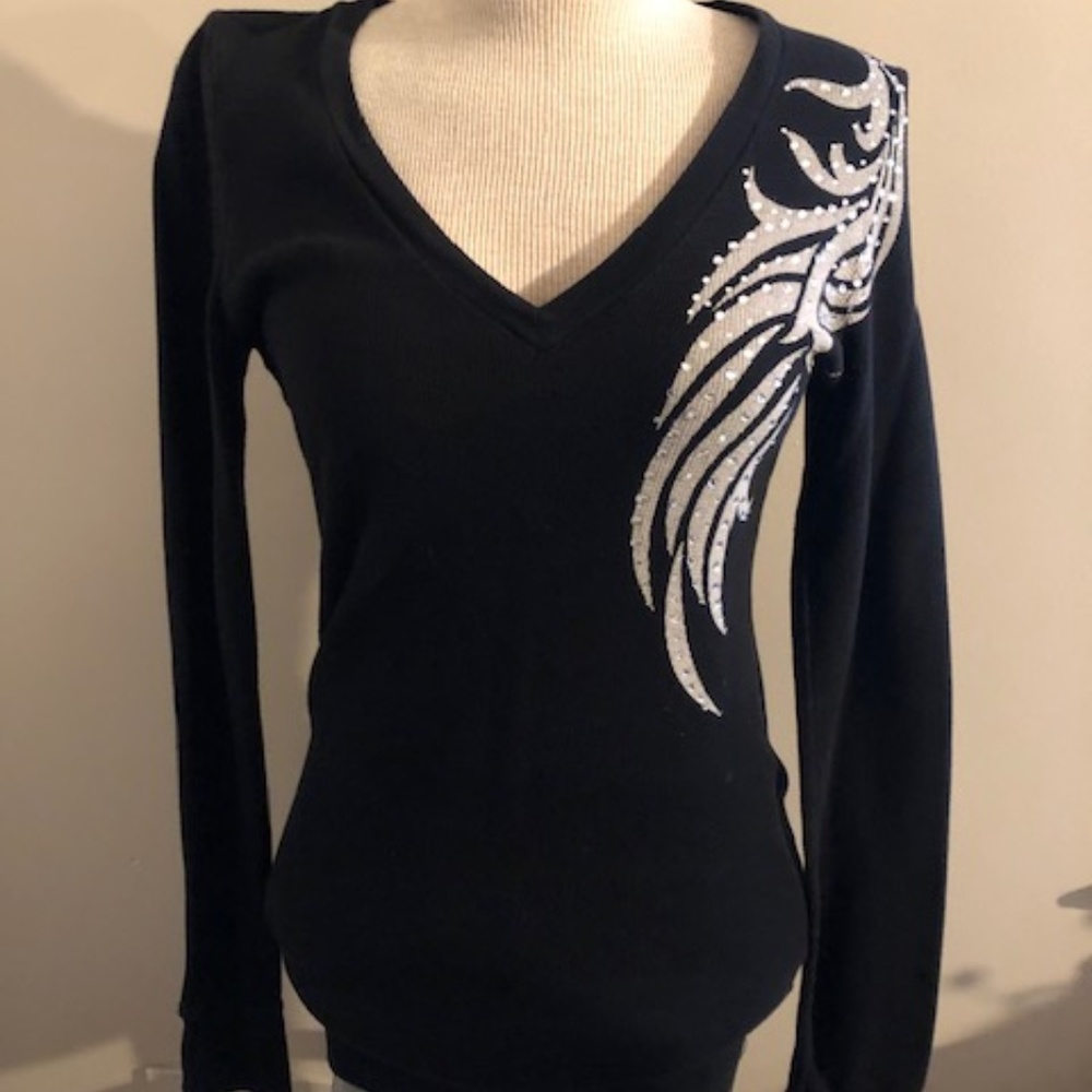 Affliction L/S Black Embellished V-Neck T-Shirt